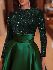 economico Abiti da cocktail-Abiti da cocktail A-line in paillettes elegante abito invitata a matrimonio lunghezza tè maniche lunghe scollo a gioiello in raso con pieghe abiti Derby 2025