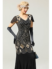 preiswerte 1920er Kleider-Goldene Zwanziger 1920er Bodenlang Kleid Abendkleid Weihnachtsfeier Kleid Kurze Ärmel Der große Gatsby Hochzeitsgast Pailletten V Ausschnitt Kostüm Damen Karneval Maskerade Abschlussball