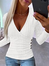 economico Top Semplici da Donna-camicetta da donna a coste bottoni alla moda manica lunga top regolari scollo a V casual bianco cachi grigio primavera&amp;amp;  autunno