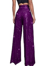 cheap Party women&#039;s Pants-Women&#039;s Wide Leg Pants Trousers Sparkly Pants Elegant Fashion Sparkle Full Length High Waist Plain Sequins Comfy Micro-elastic Party Street Party &amp; Evening claret M beige Pink gold Black Summer Spring