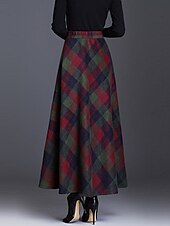 cheap Skirts-Women&#039;s Skirt A Line Swing Plaid Skirt Maxi High Waist Skirts Pocket Print Plaid Street Vacation Winter Elegant Fashion Red Blue Green Khaki