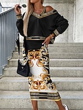 ieftine Rochii set-Pentru femei Set de rochii Rochie casual Set fuste Rochie teacă Modă Șic Stradă Floral Geometric Imprimeu Rochii Midi Manșon Lung În V În aer liber Vacanță Negru Alb Galben Toamnă Iarnă Potrivire