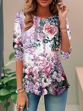 abordables T-shirts-Femme T shirt Tee Floral Noir Rose Claire Rouge Imprimer manche longue Vacances Fin de semaine Mode Col Rond Standard Printemps &amp; Automne