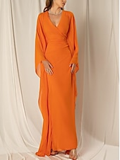 preiswerte ORANGE-Strandhochzeit Etuikleid Abendkleid Elegantes Kleid Formal Herbst Knöchellang Langarm V-Ausschnitt Chiffon mit Raffung Rüschen