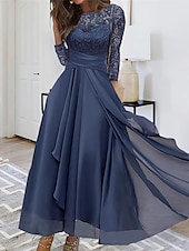 abordables Robe de cocktail-Femme Robe dentelle Robe de bal robe soirée Mousseline de soie Dentelle Patchwork Col Ras du Cou Manches 3/4 Robe mi-longue Formel robe hiver bleu marine Printemps Hiver
