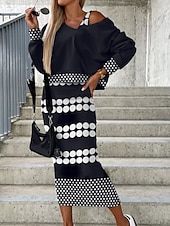 ieftine Rochii set-Pentru femei Set de rochii Rochie casual Set fuste Rochie teacă Modă Șic Stradă Floral Geometric Imprimeu Rochii Midi Manșon Lung În V În aer liber Vacanță Negru Alb Galben Toamnă Iarnă Potrivire