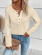 cheap Plain Tops-Women&#039;s Shirt Lace Shirt Blouse Eyelet top Color Block Plain Fashion Long Sleeve Round Neck Regular Tops Work Buttons Black White Purple Brown Beige Spring &amp;  Fall