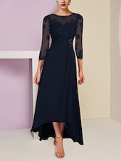 preiswerte Bodenlänge-A-Linien Brautmutterkleid Hochzeitsgast Elegant Scoop Neck Asymmetrisch Knöchellang Chiffon 3/4 Länge Ärmel mit Spitze Pailletten-Raffung 2025 kostenlose Maßanfertigung