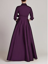 preiswerte GELB-A-Linien-Abendkleid Champagner Gold Minimalistisches Kleid Formal Hochzeitsgast Bodenlang Halber Ärmel Hemdkragen Satin mit Schleife(n) Falten
