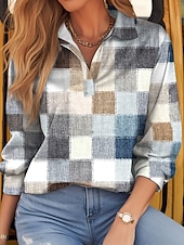 preiswerte Streifen- und geometrisches T-Shirt-Damen T-Shirt Langarm Kariert Basic Langarm Hemd Kragen Reguläre Tops Alltag Wochenende Print Hellgrün Rot Grün Khaki Grau Frühling  Herbst Pre-Fall