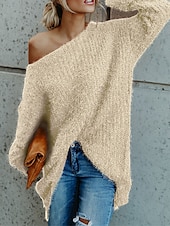 abordables Couleurs unies-Femme Pull mode Décontractées Flexible Couleur unie A côtes Une Epaule Accueil froid manche longue Court Tricoter du quotidien Sortie Fin de semaine Rose Claire bleu marine Automne Hiver