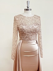 cheap CHAMPAGNE-Mermaid Sequin Evening Gown Ruched Champagne Satin Dress Long Sleeves Masquerade Floor Length Illusion Neck with Pearls Overskirt dress 2025