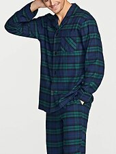 baratos Pijamas-Homens Loungewear Roupa de Dormir Conjunto de Pijama Top e calça de pijama 2 Peças Xadrez à moda Casual Conforto Casa Diário Algodão Conforto Lapela Manga Longa Camisa Social Calça Com Cordão Cintura
