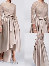 economico Lunghezza del pavimento-Abito A-Line per Madre della Sposa Ospite di Matrimonio Elegante Taglie Forti Alte Basse Scollo Gioiello Asimmetrico Satin Pizzo Maniche 3/4 con Sash  Nastro Applicazioni 2025 taglia personalizzata