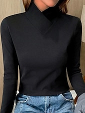 preiswerte Einfarbiges T-Shirt-Damen T Shirt Elegante Oberteile Glatt Modisch Langarm V Ausschnitt Normale Oberteile Valentinstag Täglich Wochenende Schwarz Weiß Rosa Blau Braun Herbst Winter