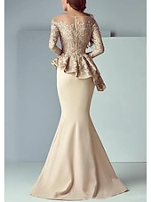 voordelige Vloerlengte-Zeemeermin moeder van de bruid jurk formele bruiloft gast elegante scoop hals vloer lengte kant stretch stof lange mouw met ruffles applicaties 2025 gratis maat op maat