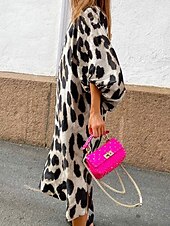 abordables Robes de vacances-Femme Robe mi-longue Robe casual Robes bohème chic Robe bohème à manches longues Bohême Décontractées Manches Bouffantes Vacances Sortie Fin de semaine Standard Léopard Manches 3/4 Col V Léopard Et