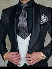 cheap Dinner Party-Men&#039;s Wedding Party Tuxedos Homecoming Black Burgundy Printing Standard Fit 3 Piece Single Breasted One-button