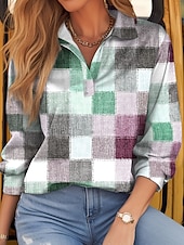 preiswerte Streifen- und geometrisches T-Shirt-Damen T-Shirt Langarm Kariert Basic Langarm Hemd Kragen Reguläre Tops Alltag Wochenende Print Hellgrün Rot Grün Khaki Grau Frühling  Herbst Pre-Fall