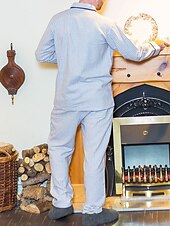 billige Pyjamas-Herre lounge Nattøy Pyjamas Sett Pyjamas topp og bukse 2 deler Ruter Stripe Stilfull Fritid Komfort Hjem Daglig Bomull Komfort Knaphul Langermet Skjorte Bukse Snorer Elastisk midje Vår Høst Hvit Gul
