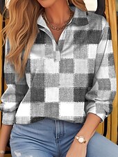 preiswerte Streifen- und geometrisches T-Shirt-Damen T-Shirt Langarm Kariert Basic Langarm Hemd Kragen Reguläre Tops Alltag Wochenende Print Hellgrün Rot Grün Khaki Grau Frühling  Herbst Pre-Fall