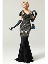 preiswerte 1920er Kleider-Goldene Zwanziger 1920er Bodenlang Kleid Abendkleid Weihnachtsfeier Kleid Kurze Ärmel Der große Gatsby Hochzeitsgast Pailletten V Ausschnitt Kostüm Damen Karneval Maskerade Abschlussball