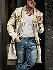 cheap Men&#039;s Print Lightweight Coats-Men&#039;s Tribal Geometry Bandana Print Winter Coat Overcoat Coat Warm Breathable Comfortable Vintage Business Casual Work Wear to work Going out Pocket Print Fall &amp; Winter Stand Collar Long Sleeve Brown
