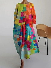 cheap Art&amp;Design Dress-Women&#039;s Maxi Dress Pink Red Spring Fall Winter Loose Dress Casual Vacation Linen Like Weekend Loose Fit Flower Crew Neck