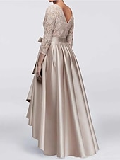 economico Lunghezza del pavimento-Abito A-Line per Madre della Sposa Ospite di Matrimonio Elegante Taglie Forti Alte Basse Scollo Gioiello Asimmetrico Satin Pizzo Maniche 3/4 con Sash  Nastro Applicazioni 2025 taglia personalizzata