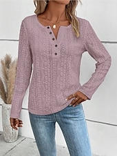 cheap Plain Tops-Women&#039;s Shirt Lace Shirt Blouse Eyelet top Color Block Plain Fashion Long Sleeve Round Neck Regular Tops Work Buttons Black White Purple Brown Beige Spring &amp;  Fall