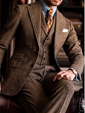 voordelige Formele pakken-Heren Tweed Trouwpakken Lichtblauw Bordeaux Effen Tailored Fit 3-delig Enkele Knopen