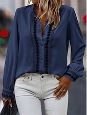 economico Top Semplici da Donna-Camicia da donna moda bottoni ricamati maniche lunghe top regolare colletto casual nero bianco rosa blu beige primavera e autunno