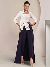 cheap Mom&#039;s Jumpsuits-Jumpsuit / Pantsuit Mother of the Bride  Formal Wedding Guest Elegant Party Square Neck Ankle Length Stretch Fabric 3/4 Length Sleeve with Bow(s) Color Block free custom size