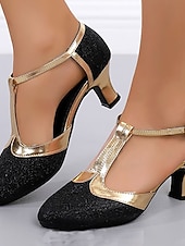 economico Scarpe da ballo di sala e danza moderna-Scarpe da ballo latino da donna con cinturino a T e glitter dorati, scarpe con tacco basso per balli da sala, salsa e tango.