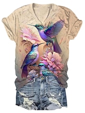 billige Dyrene tee-kvinners t-skjorte mote blomsterprint kortermede vanlige topper v-hals ferie helg lilla beige sommer