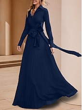 preiswerte Bodenlänge-A-Linie Mutter der Braut Kleid Hochzeitsgast Elegantes V-Ausschnitt Bodenlange Stretch Chiffon Lange Ärmel mit Schleife(n) Raffung Unifarbe 2025 kostenlose Maßanfertigung