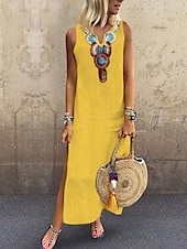 cheap Dresses-Women&#039;s White Yellow Wine Summer Spring Fall Maxi Dress White Dress Cotton Linen Dresses Cotton Summer Dress Hot Casual Boho Vacation Holiday Beach Regular Fit Geometric V Neck