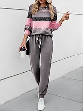 voordelige Dames trainingspakken-Dames 2-delige Actieve Dagelijkse Trainingspak Broeksets Sweatshirt Joggingbroeken Lange Mouw Ronde Hals Kleurblok Drawstring Print Buiten Casual Geel Roze Blauw Lente  Herfst Regulair Fit