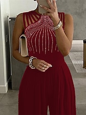 voordelige feest jumpsuits-Dames Normaal Jumpsuit Elegant Effen Kleur Mouwloos Ronde hals Hoge taille Uitknippen Bruiloft Feest Slank Zwart Rood blauw Herfst