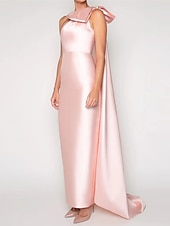 preiswerte ROT-Sheath Abendkleid Elegantes Kleid Formaler Sweep  Brush Train Ärmellos Ein-Schulter Satin mit Schulterblume