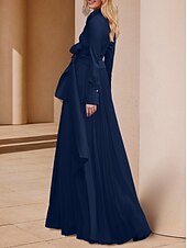 preiswerte Bodenlänge-A-Linie Mutter der Braut Kleid Hochzeitsgast Elegantes V-Ausschnitt Bodenlange Stretch Chiffon Lange Ärmel mit Schleife(n) Raffung Unifarbe 2025 kostenlose Maßanfertigung