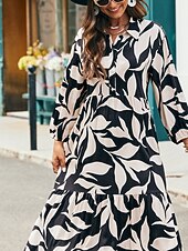voordelige casual jurkje met print-A-lijn midi-jurk met bladprint, ruches en knopen