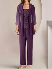 economico Tailleur pantalone della mamma-Tuta  abito intero 3 pezzi madre della sposa invitata al matrimonio elegante collo quadrato lunghezza caviglia in chiffon pizzo maniche mezze con applicazioni