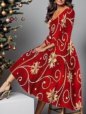 preiswerte Blumenkleid-Neujahr Damen Midi Kleid A-Linien Kleid Winter Kleid Swing Kleid Semi-Formal Kleid Mode Streetwear Modern Formal Outdoor Party Reguläre Passform Floral Schneeflocke 3/4 Länge Ärmel V-Ausschnitt