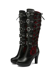 levne Pro ženy-dámské gotické šněrovací vysoké podpatky ke kolenům s několika přezkami - černé kožené boty ve stylu steampunk s červenými krajkovými detaily, ideální pro cosplay a halloween