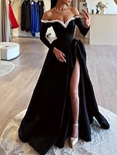 abordables NOIR-Robe de soirée A-Line noire robe formelle de masquerade traîne balayée  traîne brossée manches longues hors épaule en satin avec perles fente