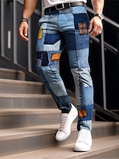 cheap Slim-Color Block Plaid / Check Business Casual Men&#039;s 3D Print Dress Pants Pants Trousers Outdoor Daily Wear Streetwear Polyester Navy Blue Royal Blue Blue S M L Medium Waist Elasticity Pants