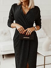 baratos Vestido Simples-Mulheres Vestido preto Vestido de festa Vestido de convidada de casamento Franzido Fenda Decote V Manga Longa Formal Roupa de inverno Prata Preto Primavera Inverno