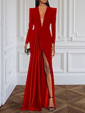 preiswerte SCHWARZ-A-Linie Abendkleid elegantes schwarzes Champagnerkleid Smokingkleid Plus-Size-Kleid formelles Sweep-/Pinselzug langes Kleid mit langen Ärmeln V-Ausschnitt dehnbares Stoff mit Falten Schlitz