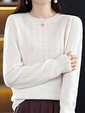 billiga Solida färger-Dam Pullover tröja Mode Streetwear Ledigt Ensfärgat Ribbad Rund hals Stickat Långärmad Vanliga toppar Sticka Utomhus Hem Dagligen Körsbärsröd Räkor Rosa Höst Vinter